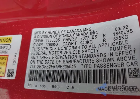 2022 Honda Civic Sport z USA, uszkodzony, nr VIN 2HGFE2F51NH605045